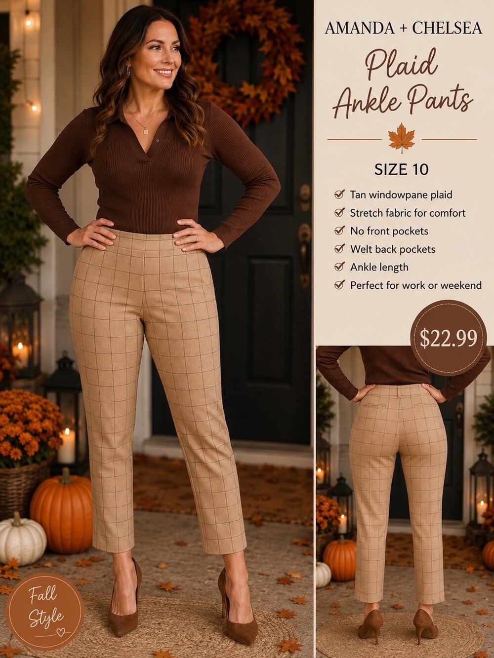 Amanda + Chelsea Womens Size 10 Plaid Ankle Pants Tan Brown Stretch Career Fall